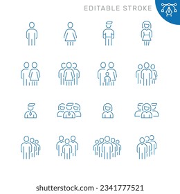 Vector line set of icons related with people. Contains monochrome icons like person, team, man, woman, group, crowd and more. Simple outline sign. Editable stroke.