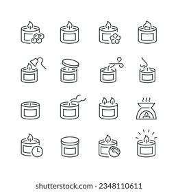 Vector line set of icons related with candle. Contains monochrome icons like flame, wax, scent, glass and more. Simple outline sign.