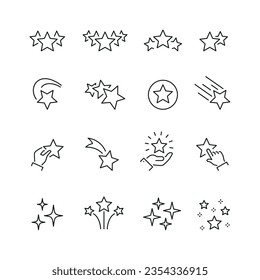 Vector line set of icons related with stars. Contains monochrome icons like star, sky, night, constellation and more. Simple outline sign.