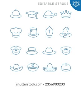 Vector line set of icons related with hats. Contains monochrome icons like hat, cap, sombrero, fedora, panama, crown and more. Simple outline sign. Editable stroke.