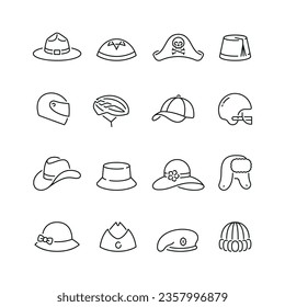 Vector line set of icons related with hats. Contains monochrome icons like hat, cap, kippah, beret, panama, fez and more. Simple outline sign.