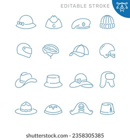 Conjunto de iconos de línea vectorial relacionados con sombreros. Contiene iconos monocromos como sombrero, gorra, kippah, boina, panama, fez y más. Signo de contorno simple. Trazo editable.