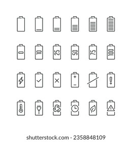Vector line set of icons related with battery. Contains monochrome icons like accumulator, power, charge, energy, electricity and more. Simple outline sign.