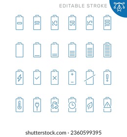 Vector line set of icons related with battery. Contains monochrome icons like accumulator, power, charge, energy, electricity and more. Simple outline sign. Editable stroke.