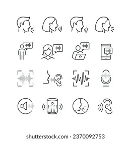 Juego de líneas vectoriales de iconos relacionados con la voz. Contiene iconos monocromos como sonido, voz, audio, charla, oído y más. Signo de contorno simple.