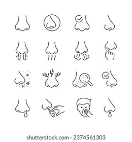 Vector line set of icons related with nose. Contains monochrome icons like nasal, smell, organ, breathe, sneeze, sniff and more. Simple outline sign.