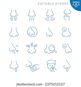 Vector line set of icons related with nose. Contains monochrome icons like nasal, smell, organ, breathe, sneeze, sniff and more. Simple outline sign. Editable stroke.