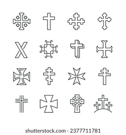 Juego de líneas vectoriales de iconos relacionados con la cruz cristiana. Signo de contorno simple.