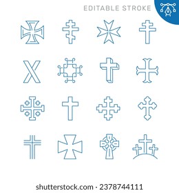 Juego de líneas vectoriales de iconos relacionados con la cruz cristiana. Signo de contorno simple. Trazo editable.