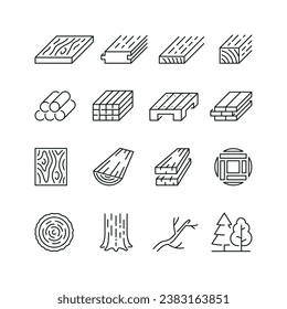 Vector line set of icons related with lumber. Contains monochrome icons like sawmill, timber, wood, forestry, board, branch and more. Simple outline sign.