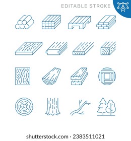 Vector line set of icons related with lumber. Contains monochrome icons like sawmill, timber, wood, forestry, board, branch and more. Simple outline sign. Editable stroke.