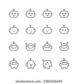 Vector line set of icons related with chatbot. Contains monochrome icons like ai, robot, bot, cyborg, face, head and more. Simple outline sign.
