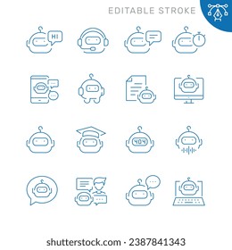 Vector line set of icons related with chatbot. Contains monochrome icons like ai, robot, bot, chat, speech, head and more. Simple outline sign. Editable stroke.