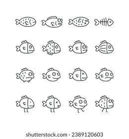 Vector line set of icons related with fish. Simple outline sign.