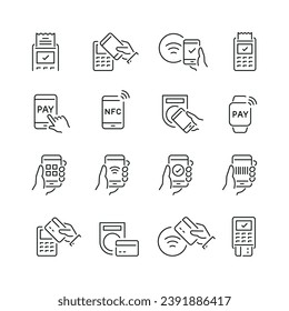 Vector line set of icons related with cashless payment. Contains monochrome icons like credit card, smartphone, pos, contactless, nfc, cashless and more. Simple outline sign.