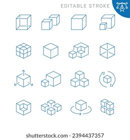 Vector line set of icons related with cubes. Simple outline sign. Editable stroke.