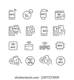 Vector line set of icons related with nfc. Contains monochrome icons like credit card, smartphone, pos, contactless, cashless and more. Simple outline sign.