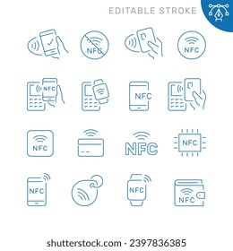 Vector line set of icons related with nfc. Contains monochrome icons like credit card, smartphone, pos, contactless, cashless and more. Simple outline sign. Editable stroke.