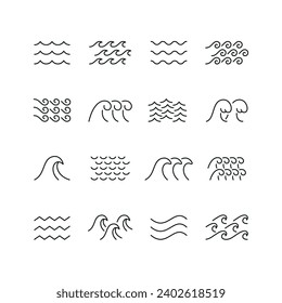 Vector line set of icons related with wave. Contains monochrome icons like water, sea, ocean, ripple, surf, swirl and more. Simple outline sign.