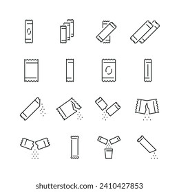 Vektorliniensatz von Symbolen, die mit Beuteln in Zusammenhang stehen. Enthält monochrome Symbole wie Beutel, Zucker, Beutel, Salz, Stock und mehr. Einfaches Umrisszeichen.