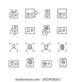 Vektorliniensatz von Symbolen im Zusammenhang mit ID und Überprüfung. Enthält monochrome Symbole wie Pass, Button, Lizenz, Dokument, ID, Karte und mehr. Einfaches Umrisszeichen.