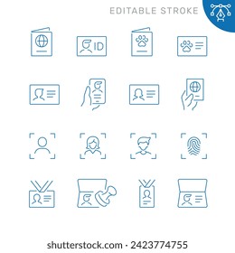 Vector line set of icons related with ID and verification. Contains monochrome icons like passport, badge, license, document, id, card and more. Simple outline sign. Editable stroke.