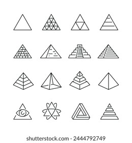 Vector line set of icons related with pyramid. Simple outline sign.