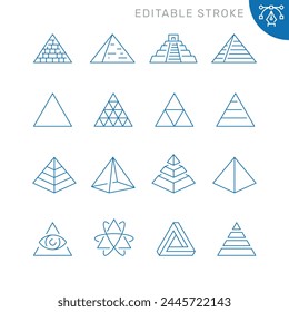 Vector line set of icons related with pyramid. Simple outline sign. Editable stroke.