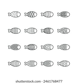 Vector line set of icons related with fish. Simple outline sign.
