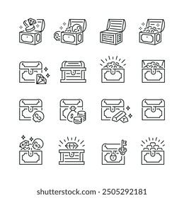 Vector line set of icons related with treasure. Contains monochrome icons like gold, coin, jewellery, treasure, pirate and more. Simple outline sign.