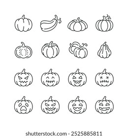 Vector line set of icons related with pumpkin. Contains monochrome icons like halloween, vegetable, autumn, pumpkin and more. Simple outline sign.