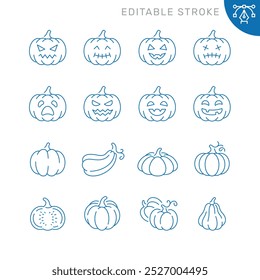 Vector line set of icons related with pumpkin. Contains monochrome icons like halloween, vegetable, autumn, pumpkin and more. Simple outline sign. Editable stroke.