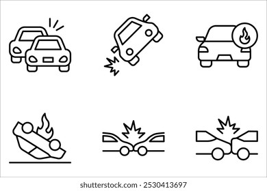 Conjunto de iconos de la línea de Vector relacionados con el accidente automovilístico. Signo de contorno simple sobre fondo blanco