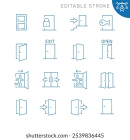 Conjunto de linhas vetoriais de ícones relacionados com a porta aberta. Contém ícones monocromáticos como porta, saída, porta, entrada e muito mais. Sinal de contorno simples. Traçado editável.