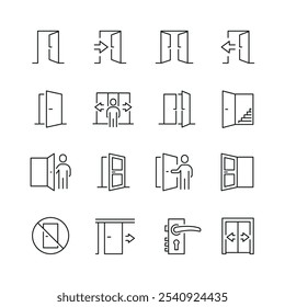 Vector line set of icons related with open door. Contains monochrome icons like door, exit, doorway, entry and more. Simple outline sign.