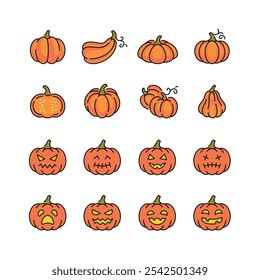 Vector line set of icons related with pumpkin. Contains color icons like halloween, vegetable, autumn, pumpkin and more. Simple outline sign.