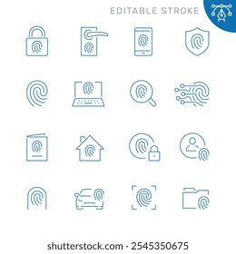 Vector line set of icons related with fingerprint. Contains monochrome icons like biometric, security, lock, thumbprint and more. Simple outline sign. Editable stroke.