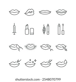 Vector line set of icons related with lips. Contains monochrome icons like mouth, lipstick, cosmetic, make-up and more. Simple outline sign.