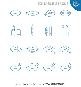 Conjunto de linhas vetoriais de ícones relacionados aos lábios. Contém ícones monocromáticos como boca, batom, cosmético, maquiagem e muito mais. Sinal de contorno simples. Traçado editável.