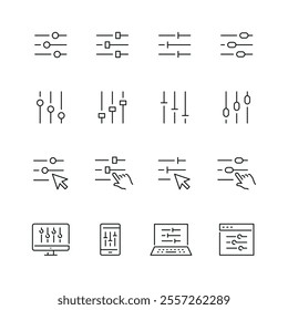 Vector line set of icons related with setting and adjustment. Contains monochrome icons like slider, equalizer, configuration, setup and more. Simple outline sign.