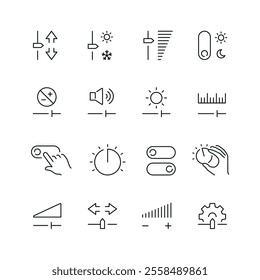 Vector line set of icons related with adjustment and setting. Contains monochrome icons like slider, equalizer, configuration, setup and more. Simple outline sign.