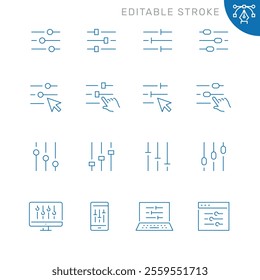 Vector line set of icons related with setting and adjustment. Contains monochrome icons like slider, equalizer, configuration, setup and more. Simple outline sign. Editable stroke.