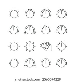 Vector line set of icons related with adjustment knob. Contains monochrome icons like setting, balance, tweak, setup and more. Simple outline sign.