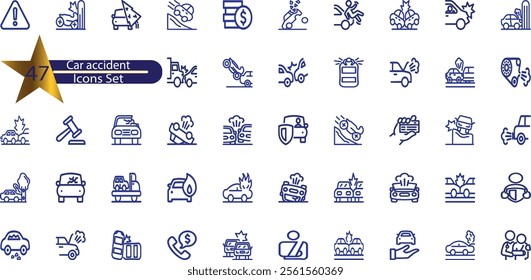 Vector line set of icons related to car accident.