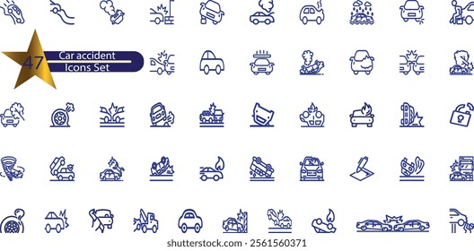 Vector line set of icons related to car accident.