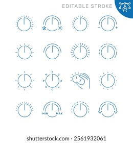 Vector line set of icons related with adjustment knob. Contains monochrome icons like setting, balance, tweak, setup and more. Simple outline sign. Editable stroke.