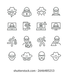 Conjunto de linhas vetoriais de ícones relacionados ao ladrão. Contém ícones monocromáticos como hacker, ladrão, espião, máscara, crime e muito mais. Sinal de contorno simples.