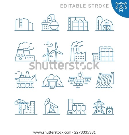 Vector line set of icons related with Industrial buildings.
Contains monochrome icons like factory, dam, oil platform, mine, farm, nuclear power plant and more. Simple outline sign. Editable stroke.