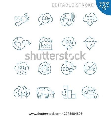 Vector line set of icons related with сarbon dioxide. Contains monochrome icons like carbon dioxide, factory, tree, iceberg, cow, footprint and more. Simple outline sign. Editable stroke.