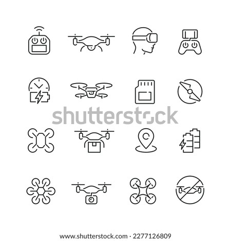 Vector line set of icons related with drone. Contains monochrome icons like drone, remote control, quadrocopter, battery, propeller and more. Simple outline sign.